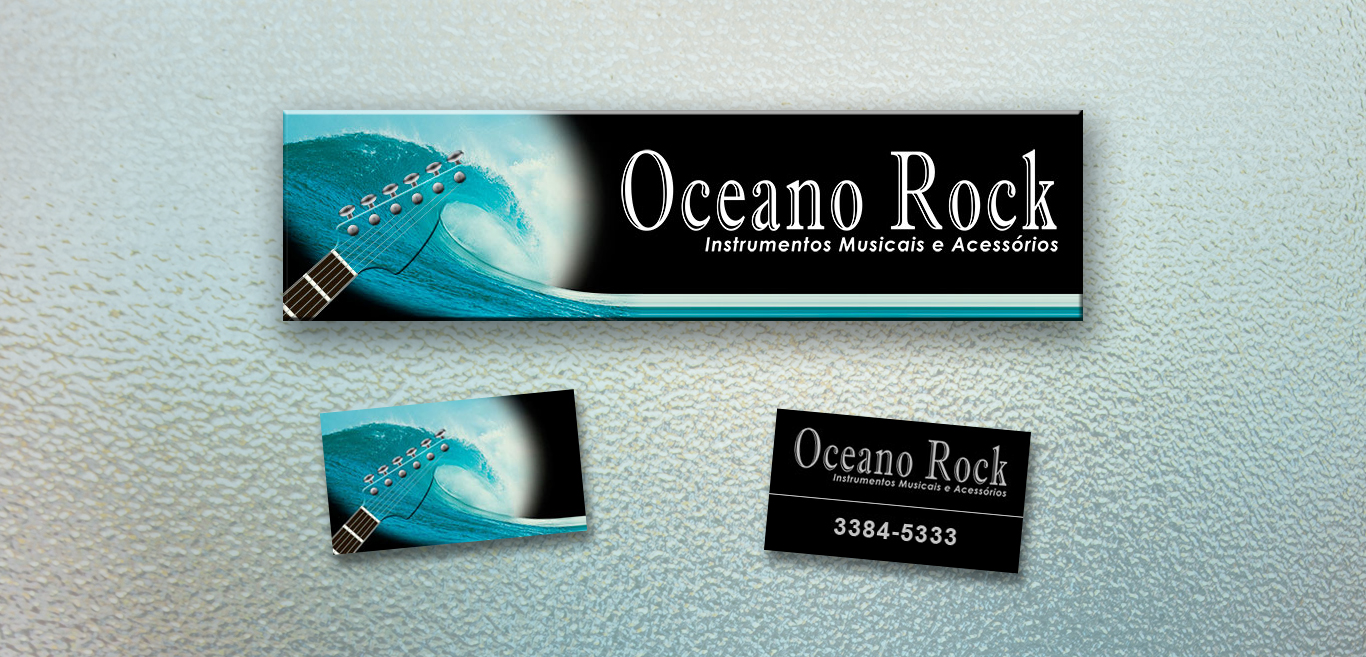 Lotipo e fachada de loja criada para escola de música e loja de instrumentos musicais Oceano Rock.